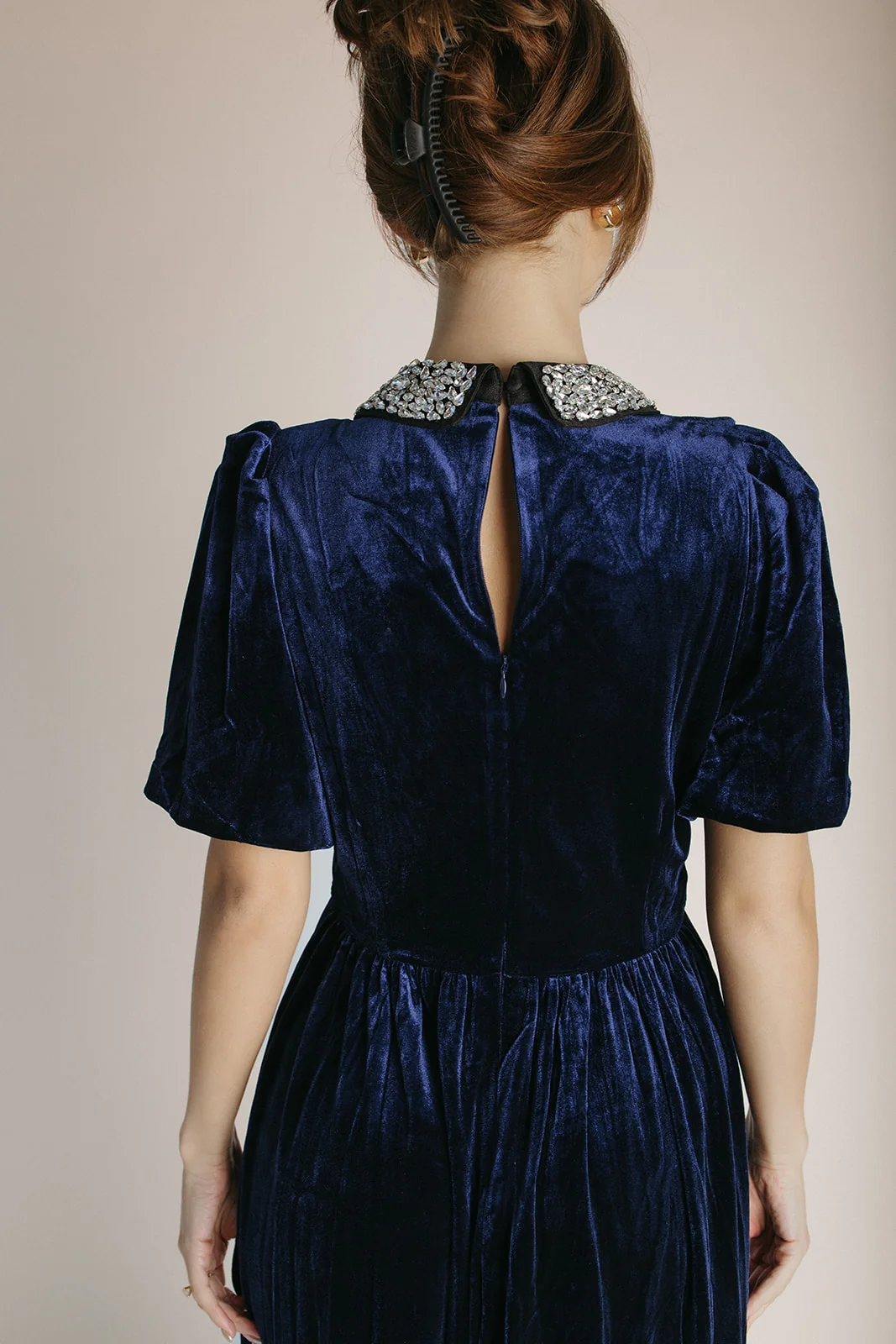 The Francie Rhinestone Velvet Midi Dress in Navy - Image 6
