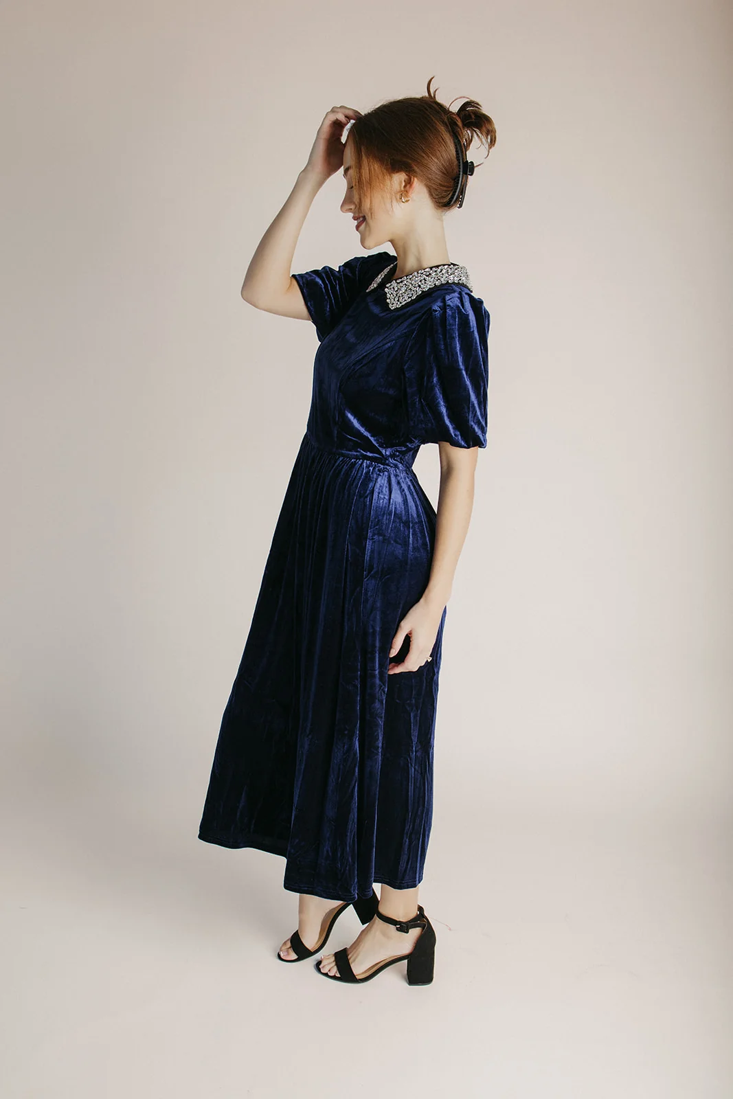 The Francie Rhinestone Velvet Midi Dress in Navy - Image 7