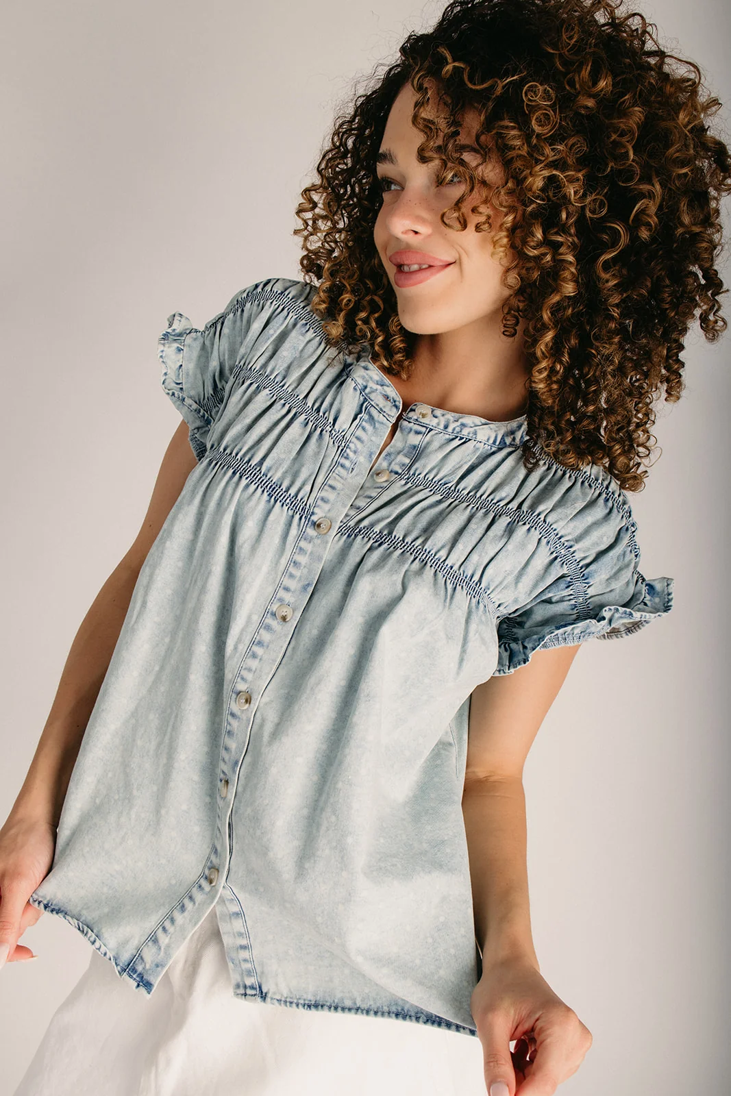 The Franson Polka Dot Button-Up Blouse in Light Denim