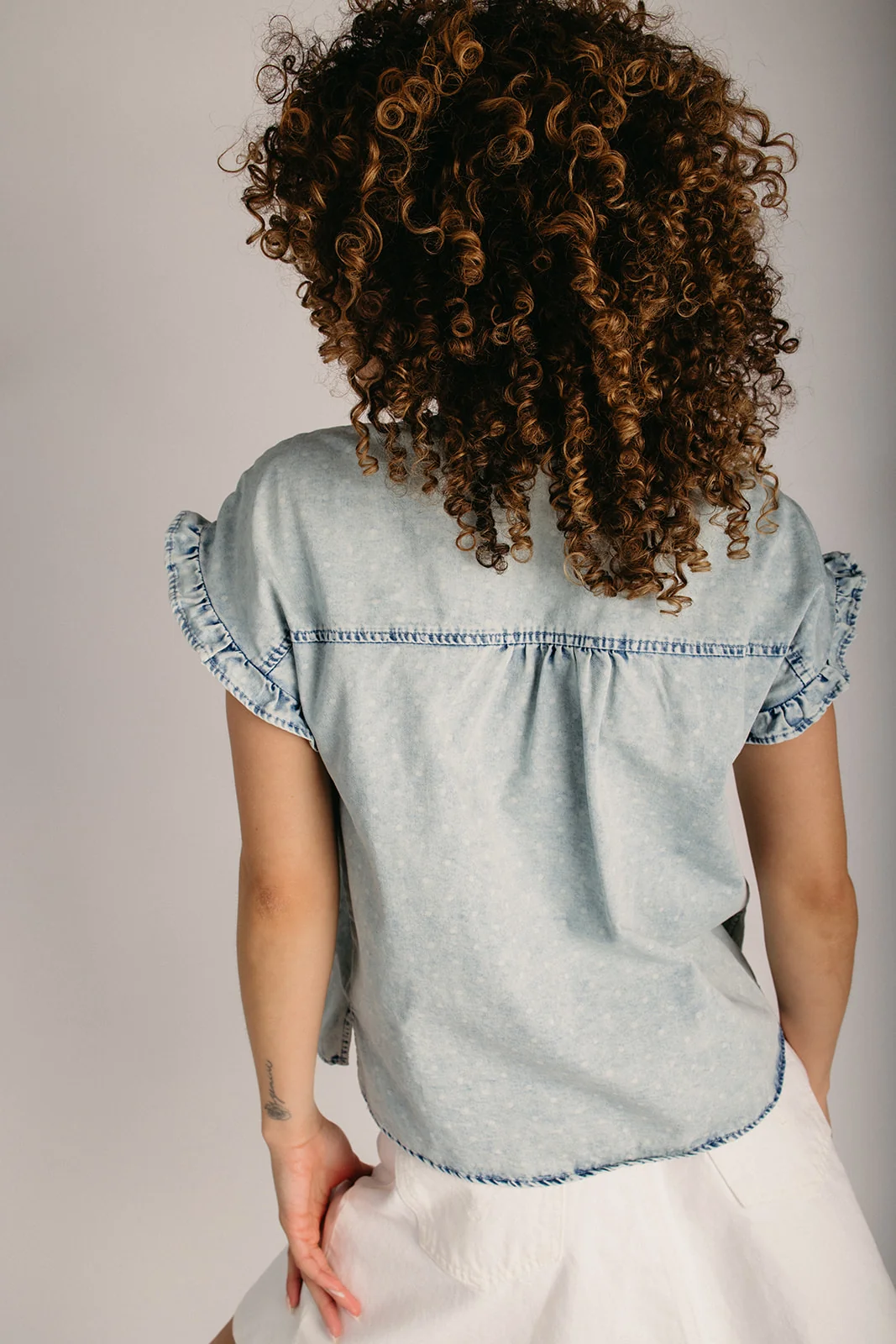 The Franson Polka Dot Button-Up Blouse in Light Denim - Image 2