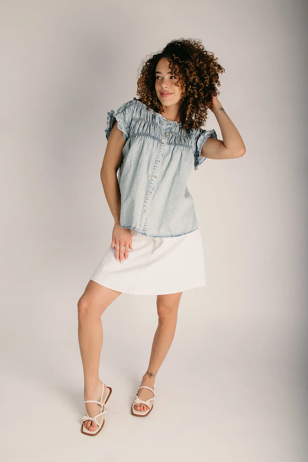 The Franson Polka Dot Button-Up Blouse in Light Denim - Image 3