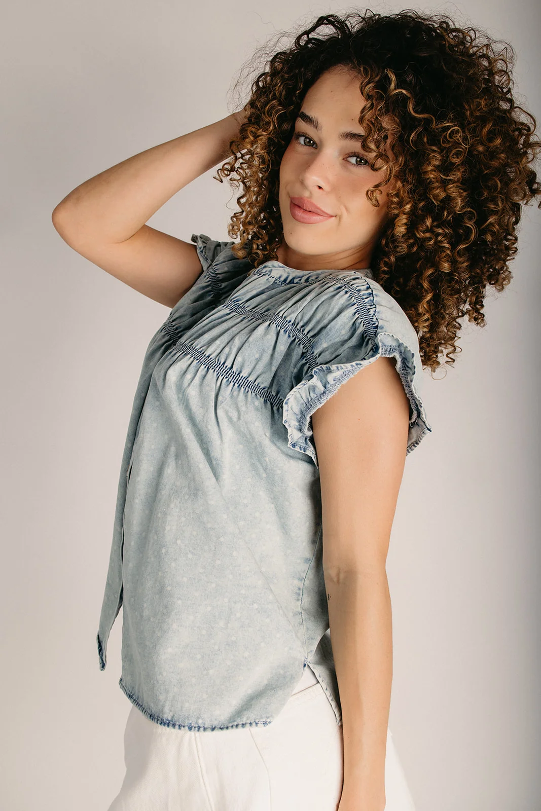 The Franson Polka Dot Button-Up Blouse in Light Denim - Image 4