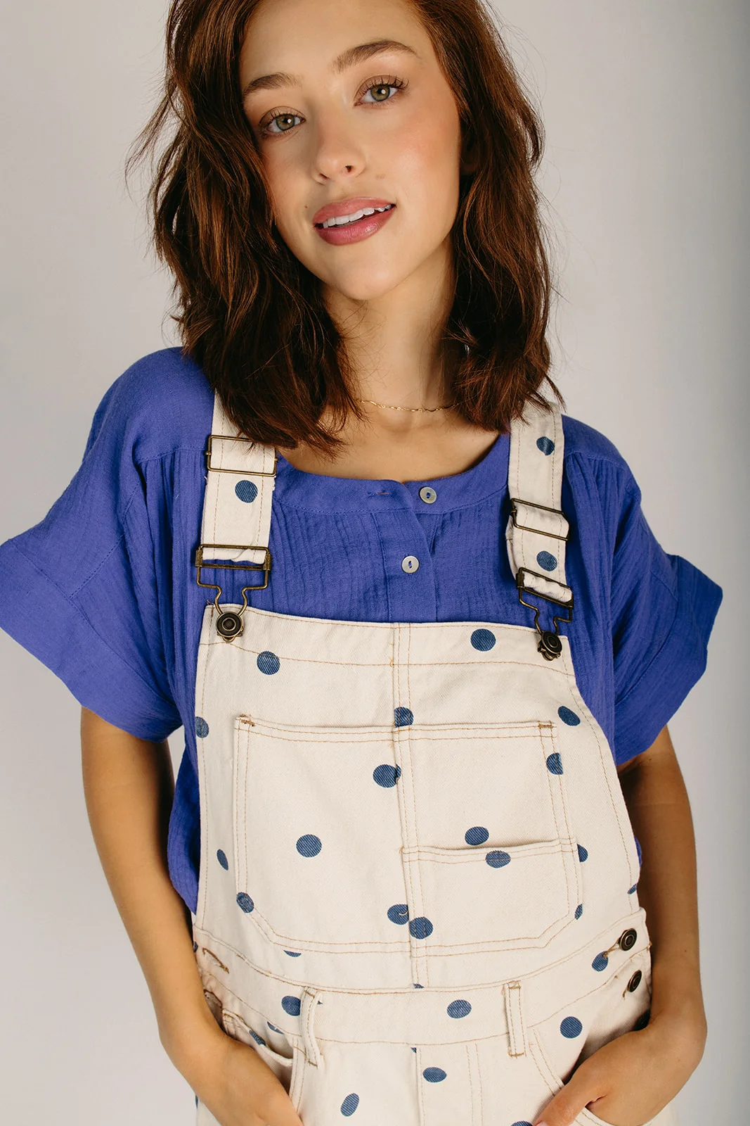 The Freddy Polka Dot Denim Romper in Cream + Navy - Image 5