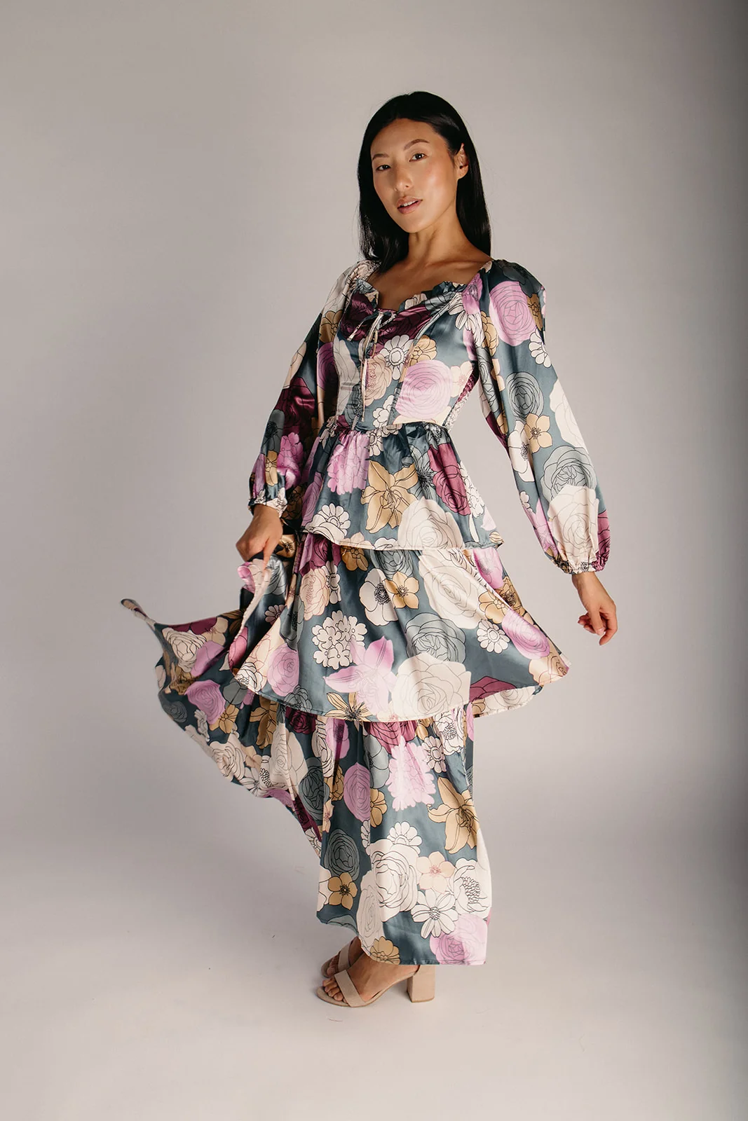 The Gambino Floral Satin Maxi Dress in Teal - Image 2