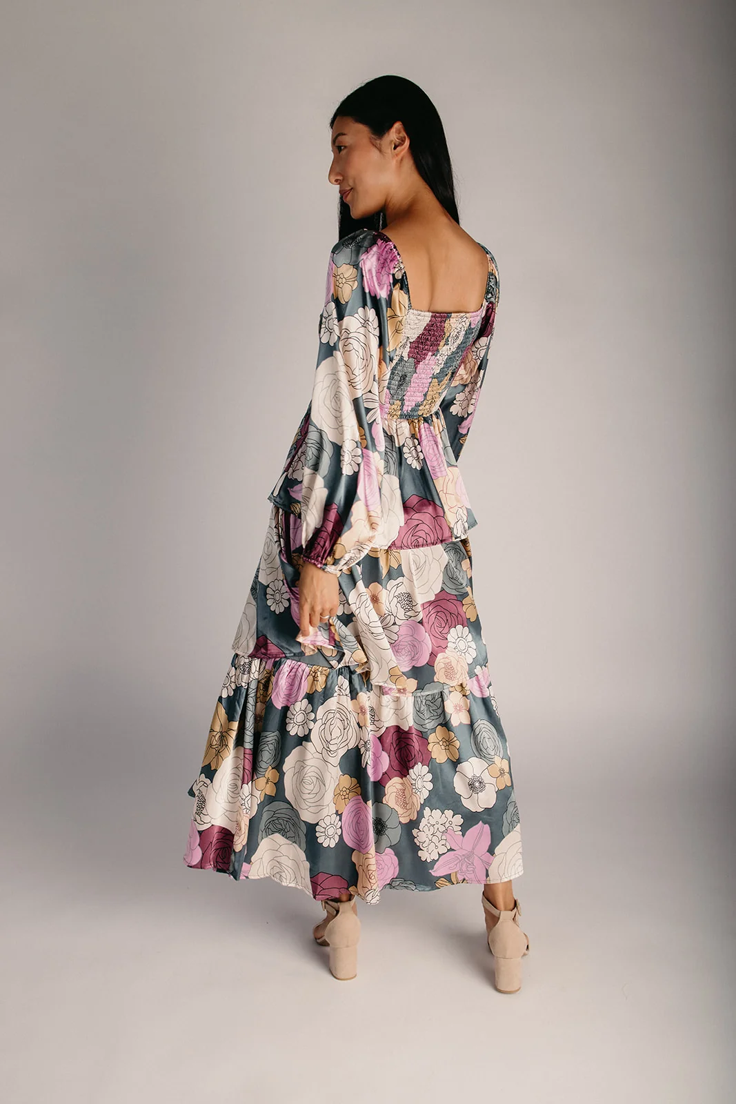 The Gambino Floral Satin Maxi Dress in Teal - Image 3