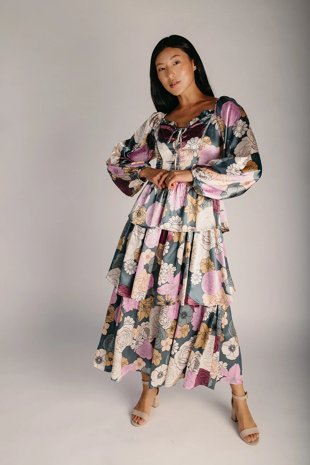 The Gambino Floral Satin Maxi Dress in Teal - Image 4