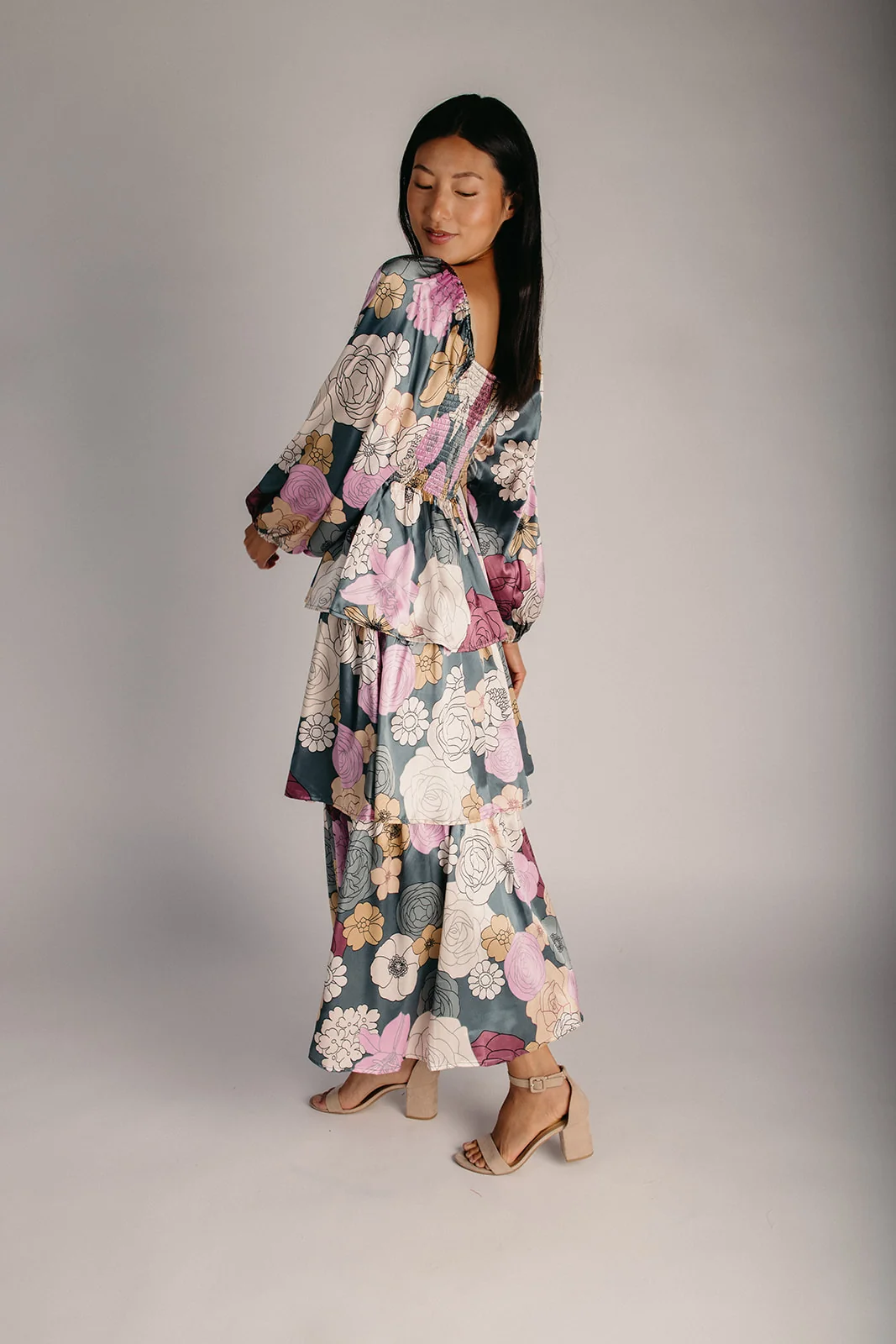The Gambino Floral Satin Maxi Dress in Teal - Image 6