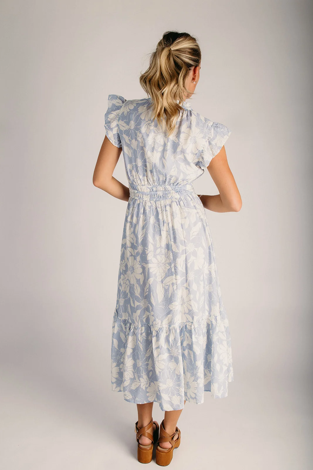The Gantz Flutter Sleeve Midi Dress in Blue Petal - Image 3
