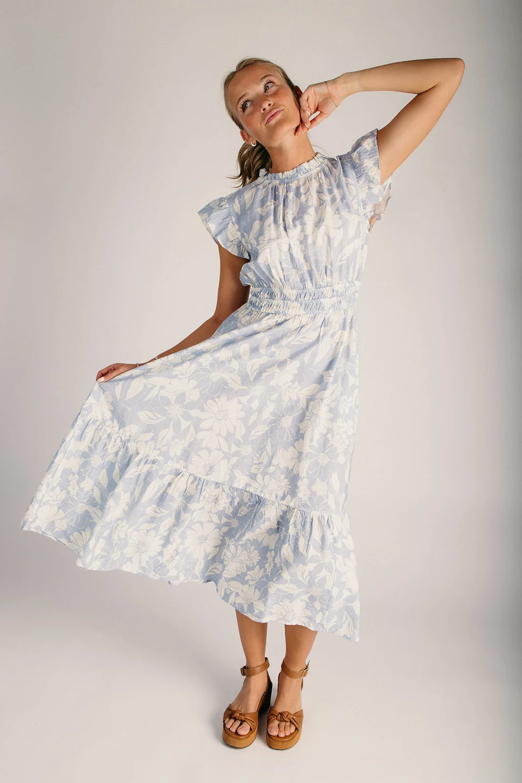 The Gantz Flutter Sleeve Midi Dress in Blue Petal - Image 6