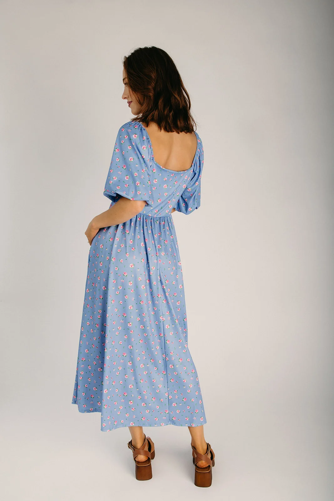 The Gilmer Bubble Sleeve Midi Dress in Light Denim - Image 3