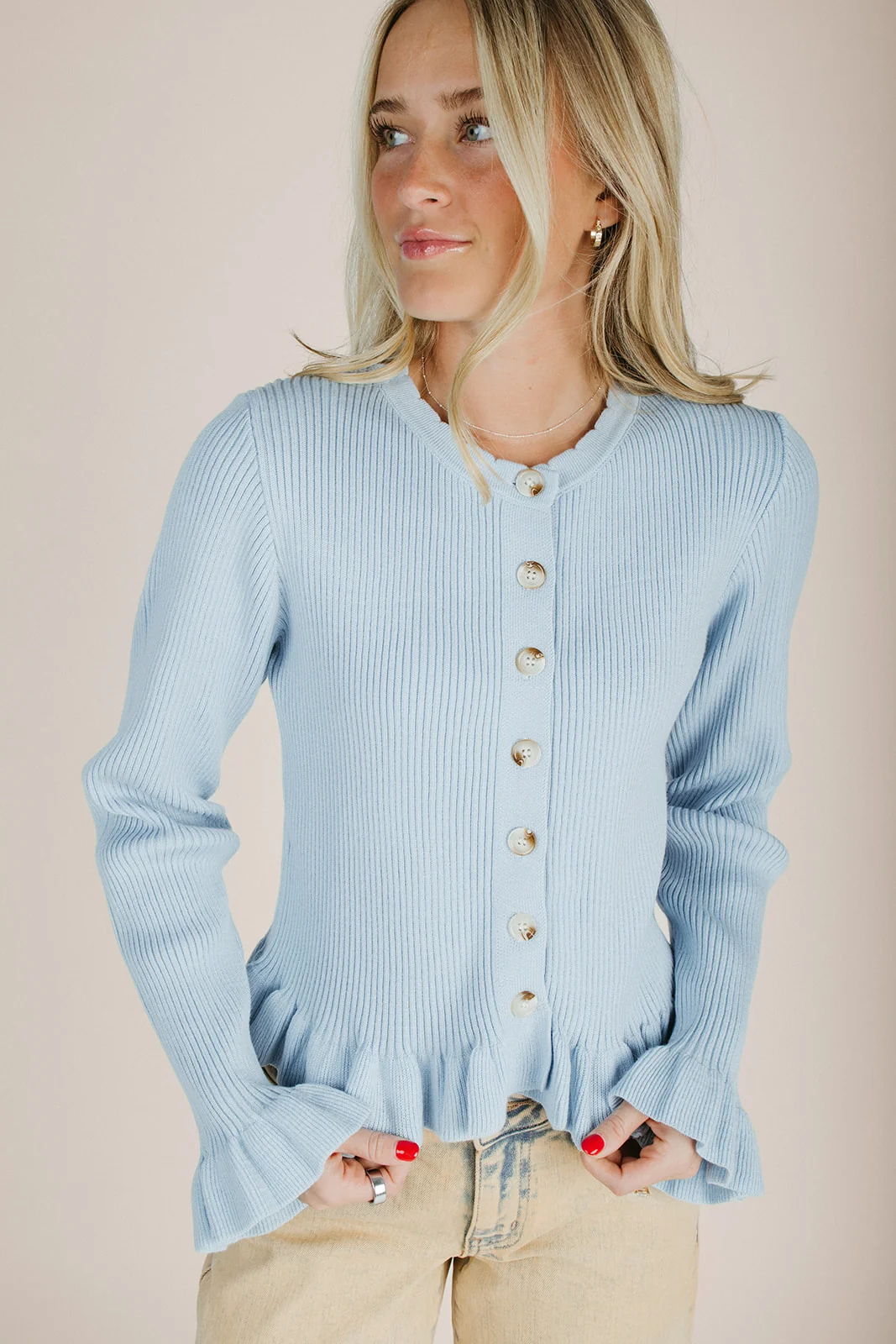 The Gittens Scalloped Hem Cardigan in Pastel Blue - Image 4