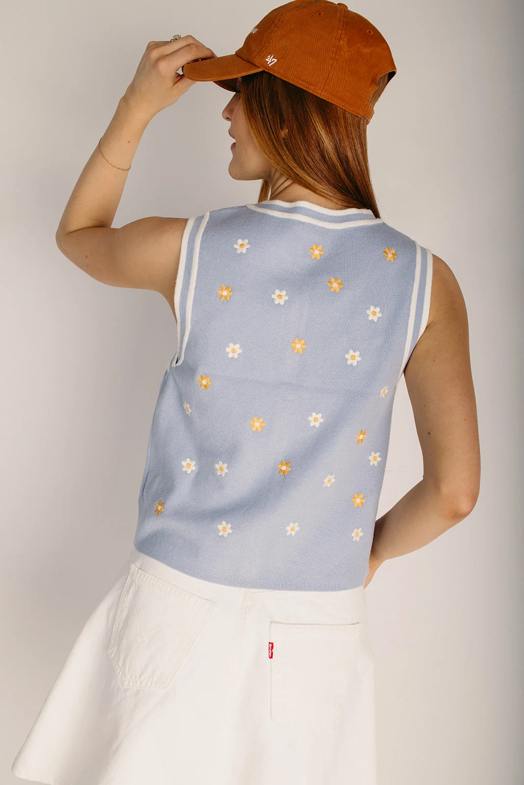 The Gretzky Embroidered Button-Up Sweater Tank in Blue - Image 2