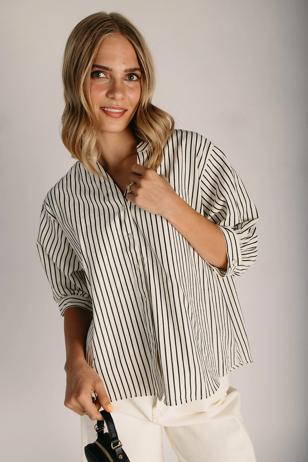 The Haisley Puff Sleeve Blouse in Black Stripe