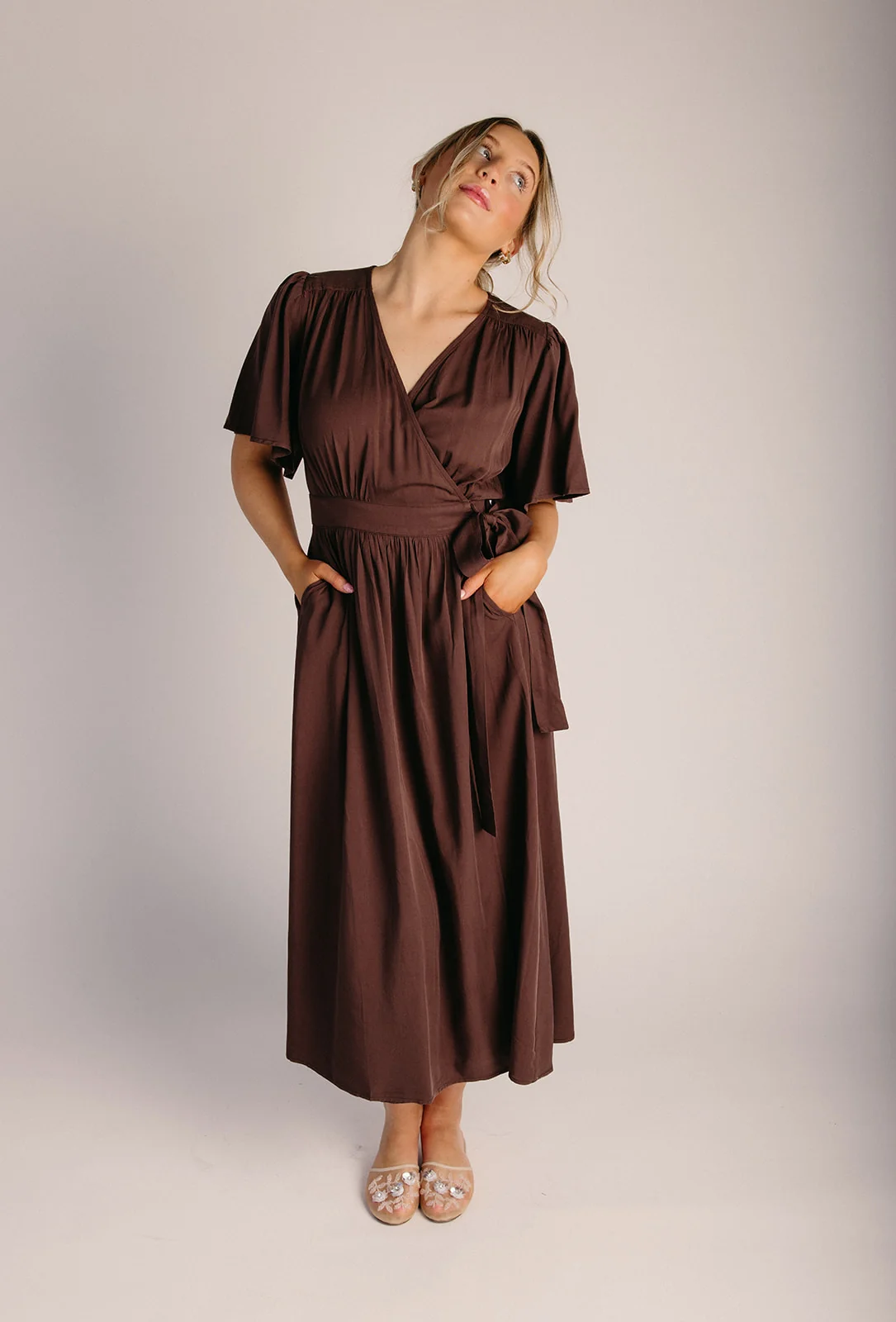 The Harrington Flutter Sleeve Wrap Dress in Espresso - Image 4