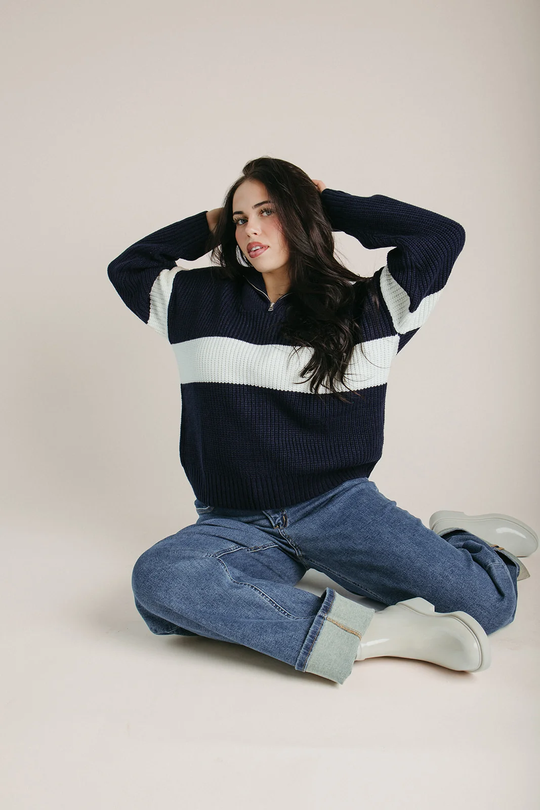 The Harrop Colorblock Half Zip Sweater in Navy + Ivory - Image 3