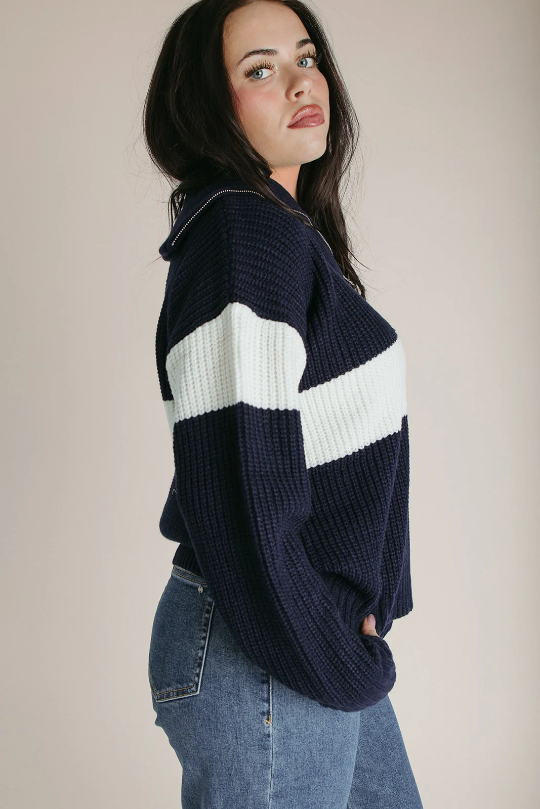 The Harrop Colorblock Half Zip Sweater in Navy + Ivory - Image 4