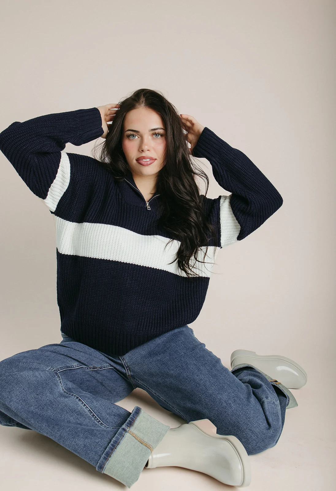 The Harrop Colorblock Half Zip Sweater in Navy + Ivory - Image 5