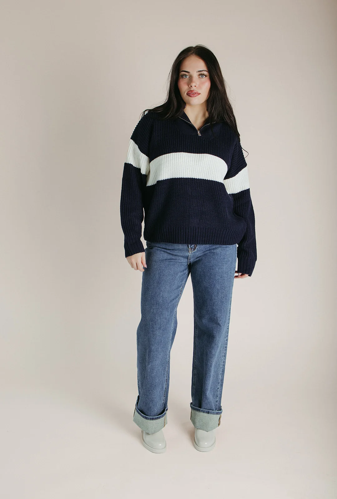 The Harrop Colorblock Half Zip Sweater in Navy + Ivory - Image 6