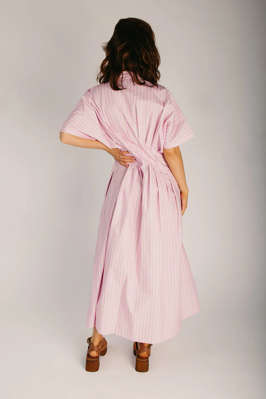 The Hattaway Button-Up Midi Dress in Pink + Green Stripe - Image 2