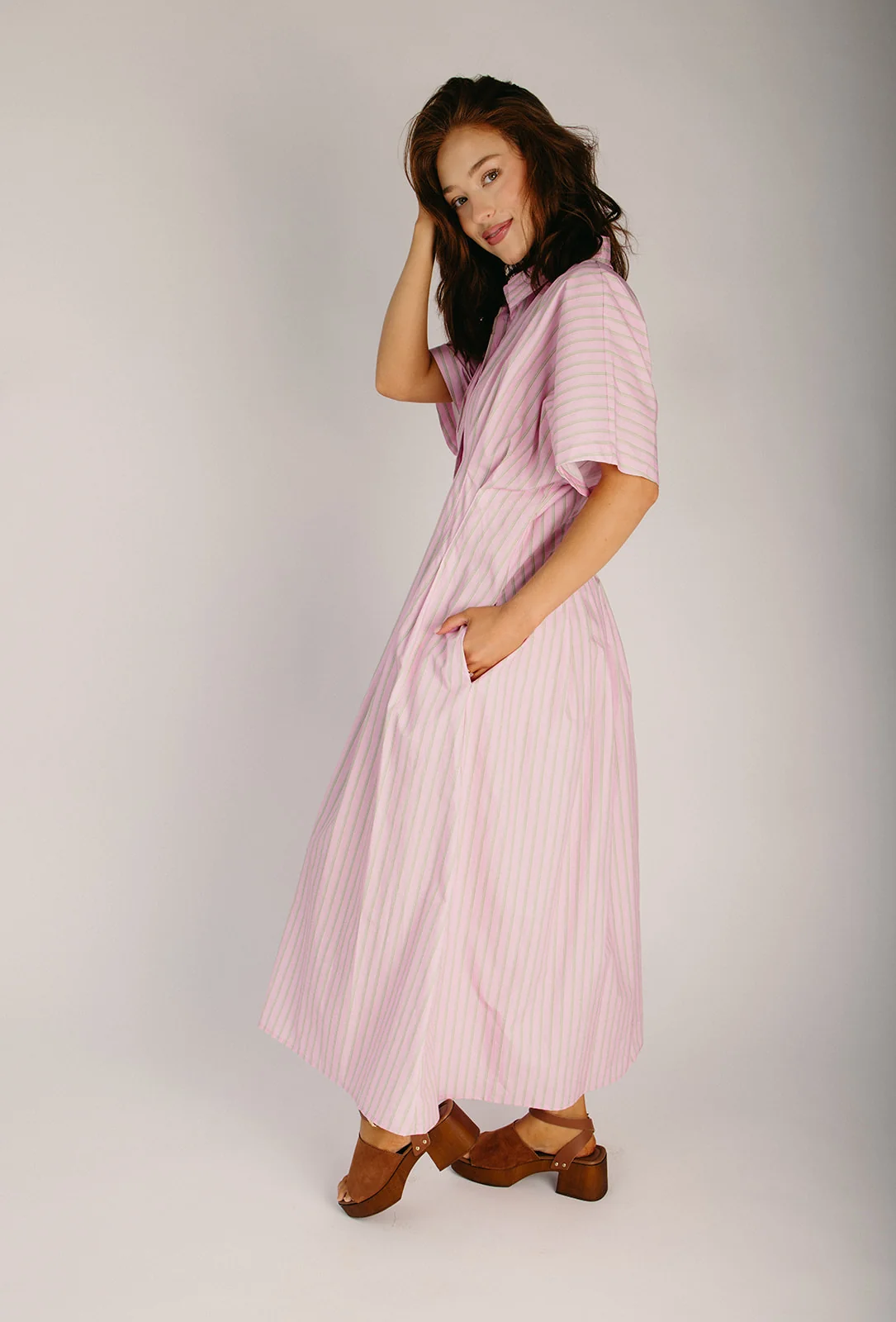 The Hattaway Button-Up Midi Dress in Pink + Green Stripe - Image 4