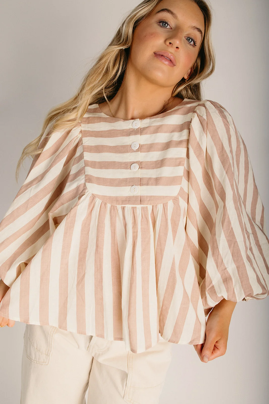The Hatton Striped Babydoll Blouse in Mauve