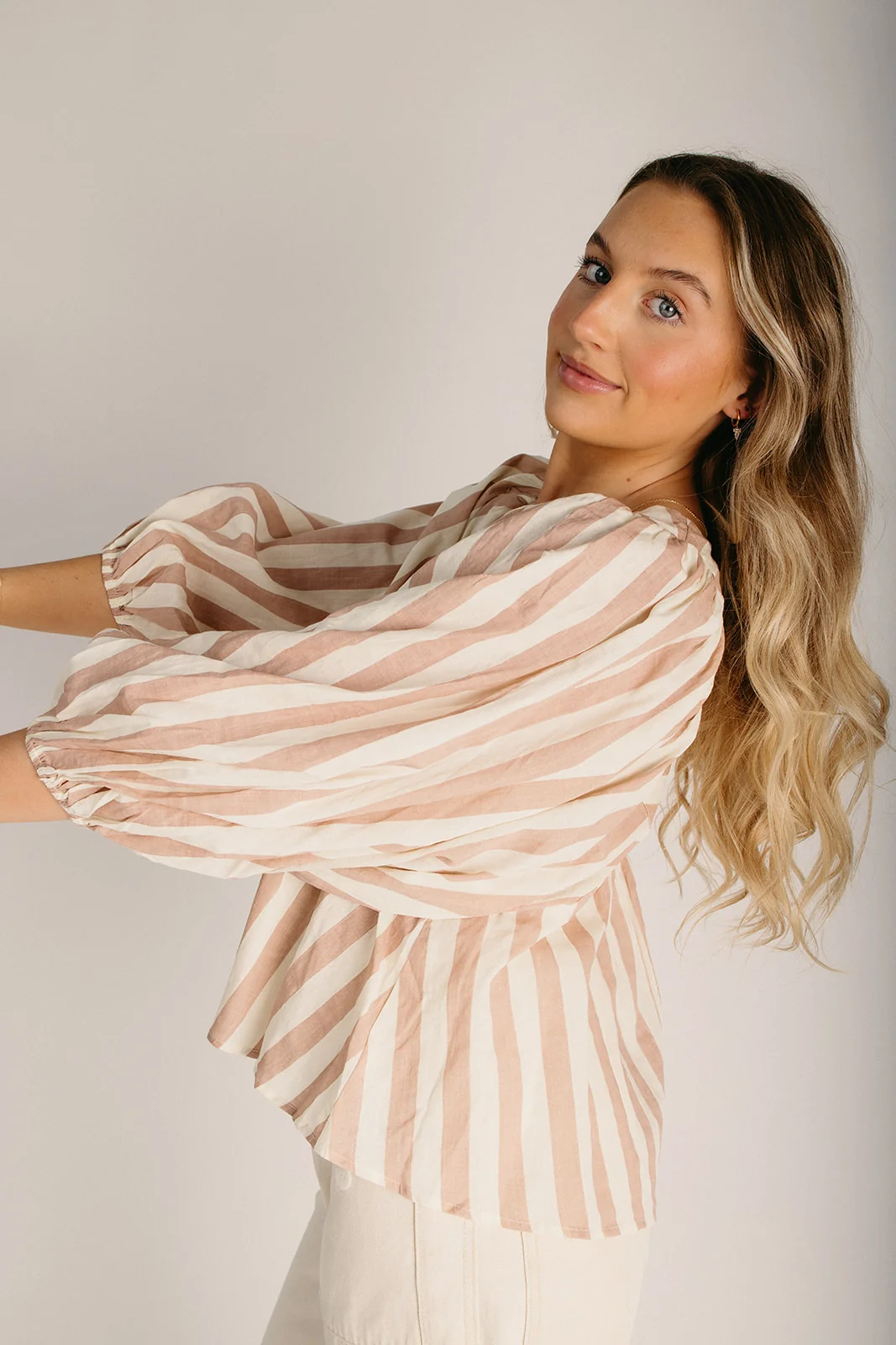 The Hatton Striped Babydoll Blouse in Mauve - Image 4