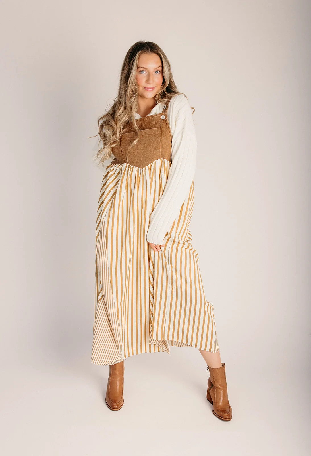 The Hellen Denim Overall Dress in Washed Taupe - Image 11