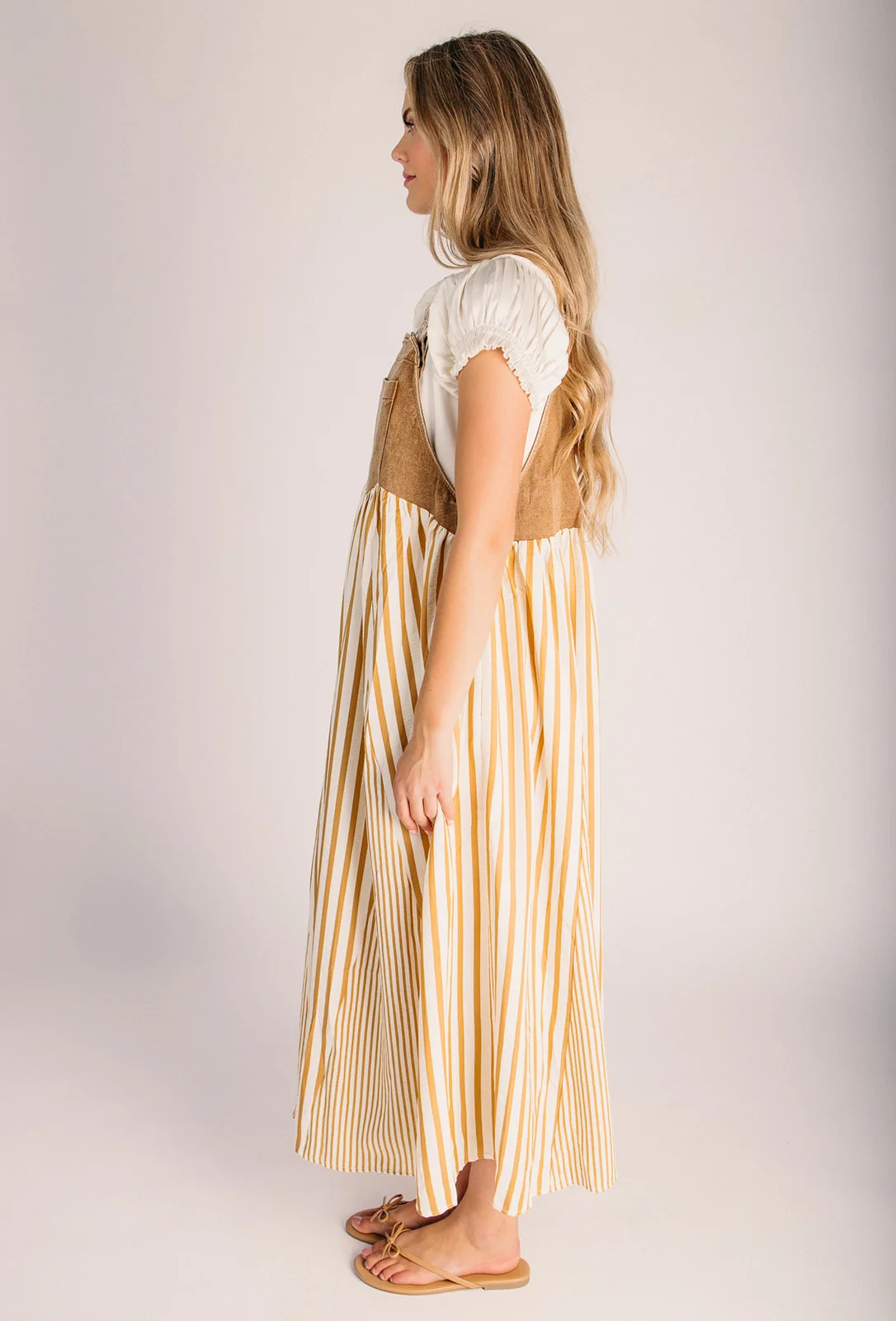 The Hellen Denim Overall Dress in Washed Taupe - Image 4