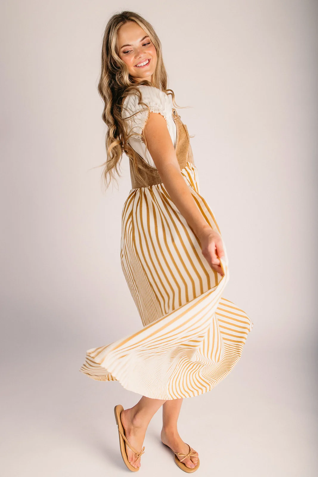 The Hellen Denim Overall Dress in Washed Taupe - Image 5