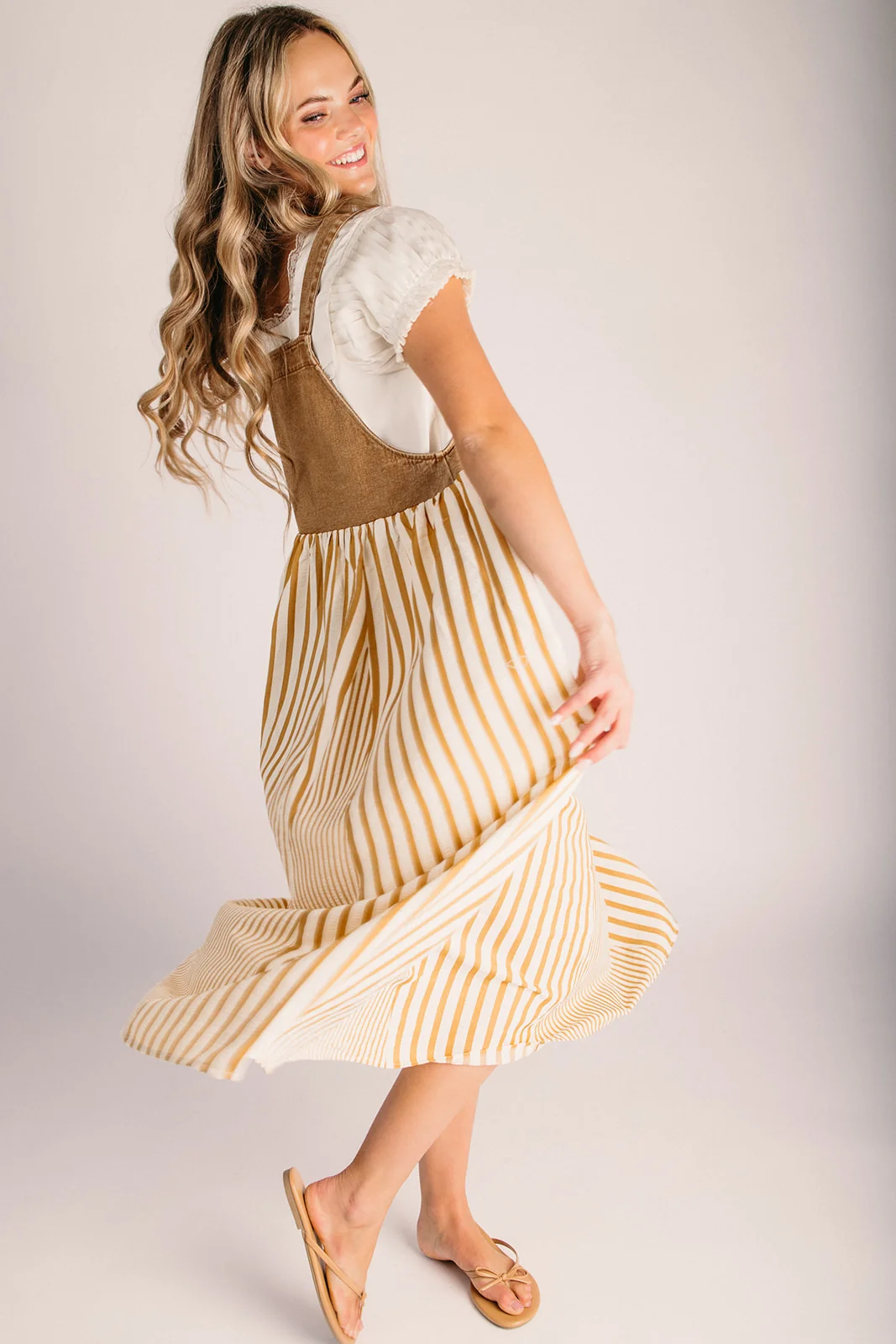 The Hellen Denim Overall Dress in Washed Taupe - Image 6