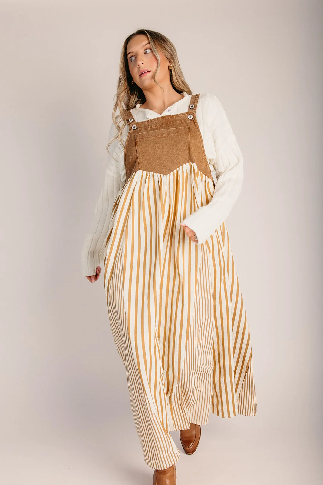 The Hellen Denim Overall Dress in Washed Taupe - Image 7