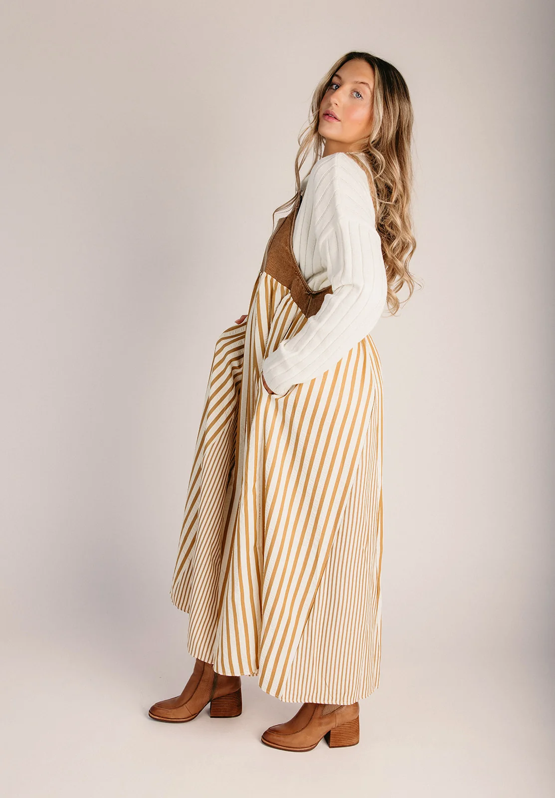 The Hellen Denim Overall Dress in Washed Taupe - Image 8