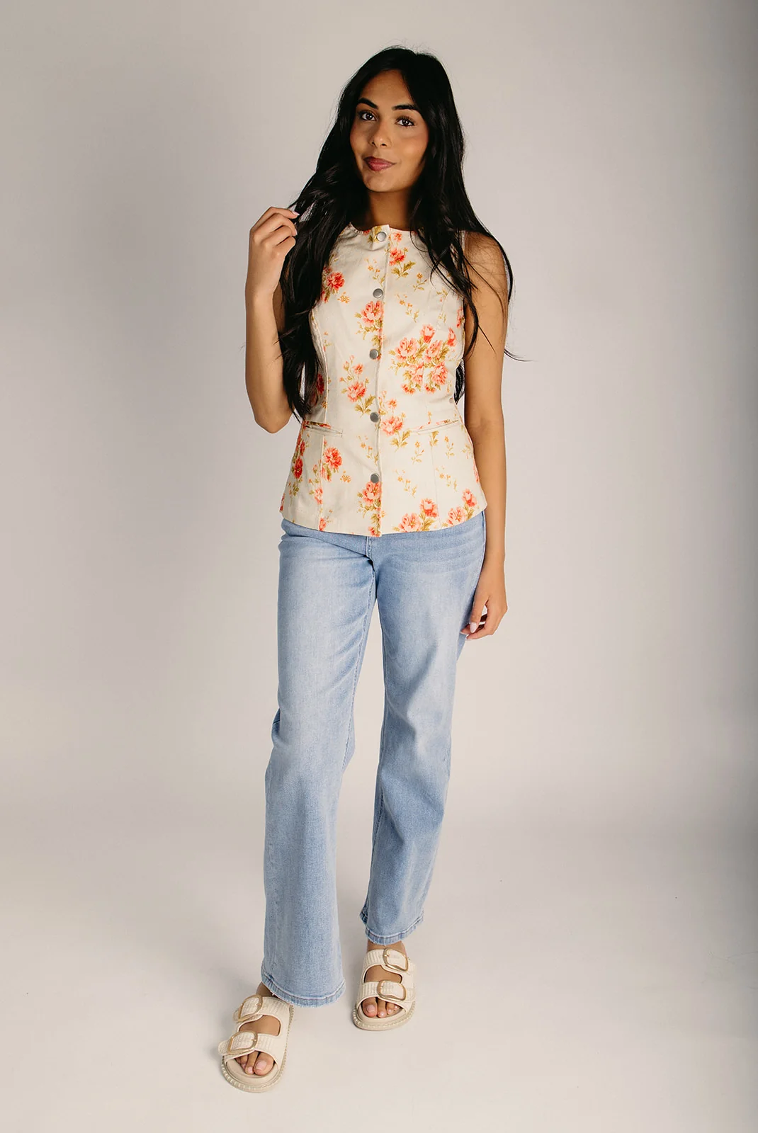 The Hereford Floral Button-Up Vest in Ivory Multi - Image 3