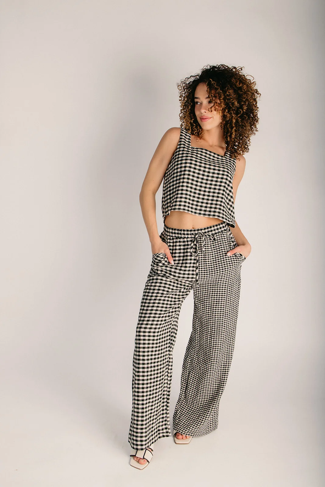 The Holliston Gingham Square Neck Tank in Black + Cream - Image 4