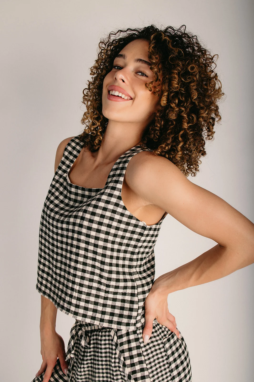 The Holliston Gingham Square Neck Tank in Black + Cream - Image 5