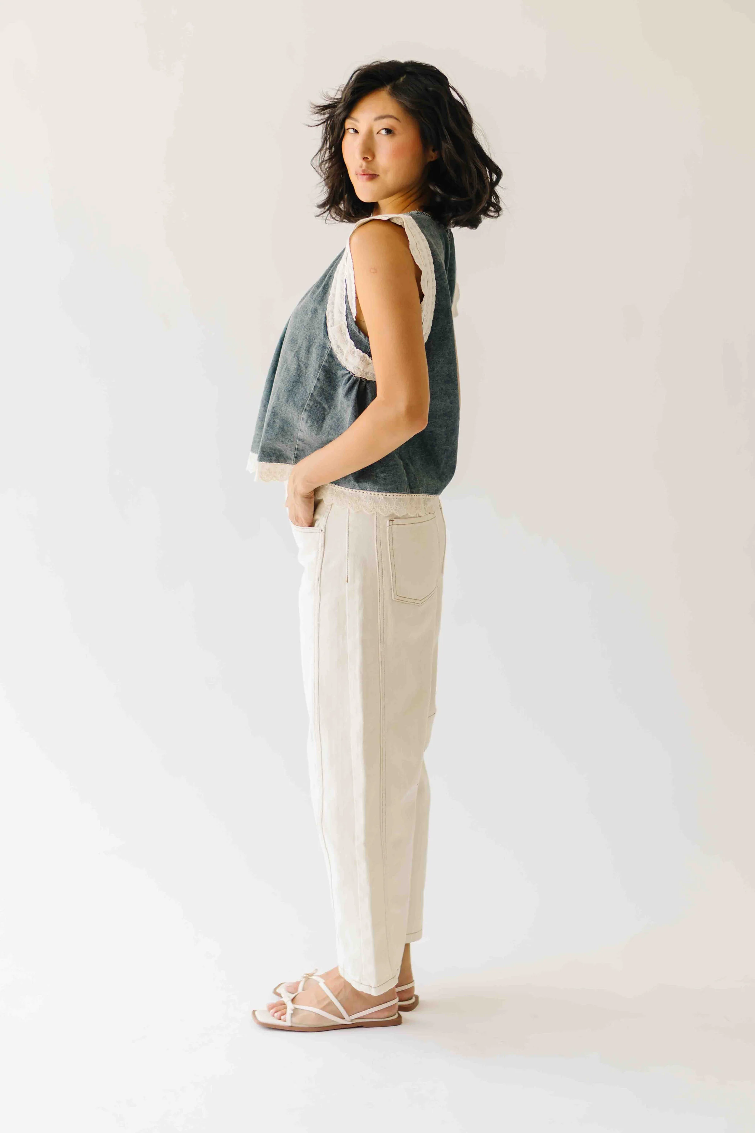 The Holsetin Lace Trim Blouse in Medium Denim - Image 4