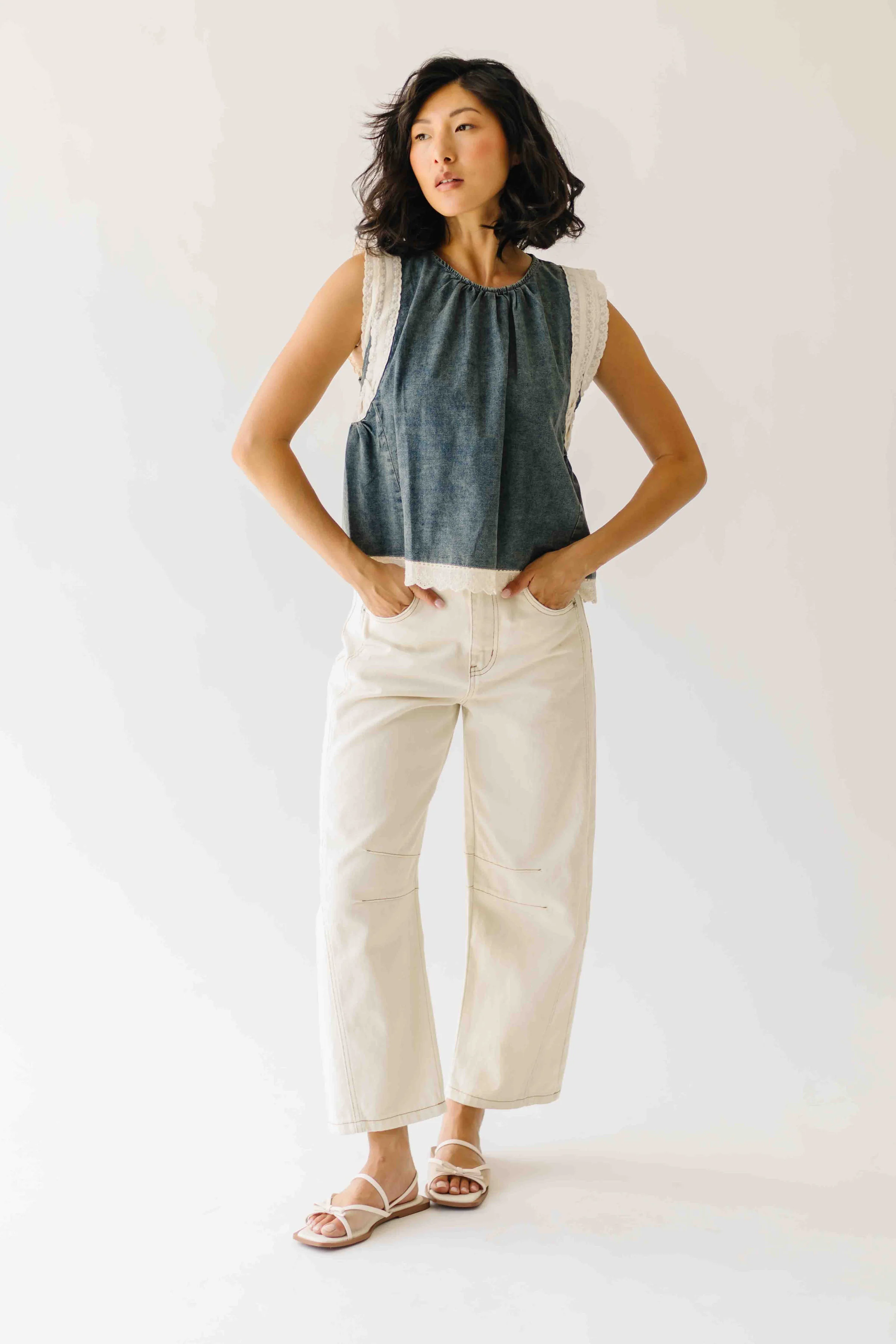 The Holsetin Lace Trim Blouse in Medium Denim - Image 6