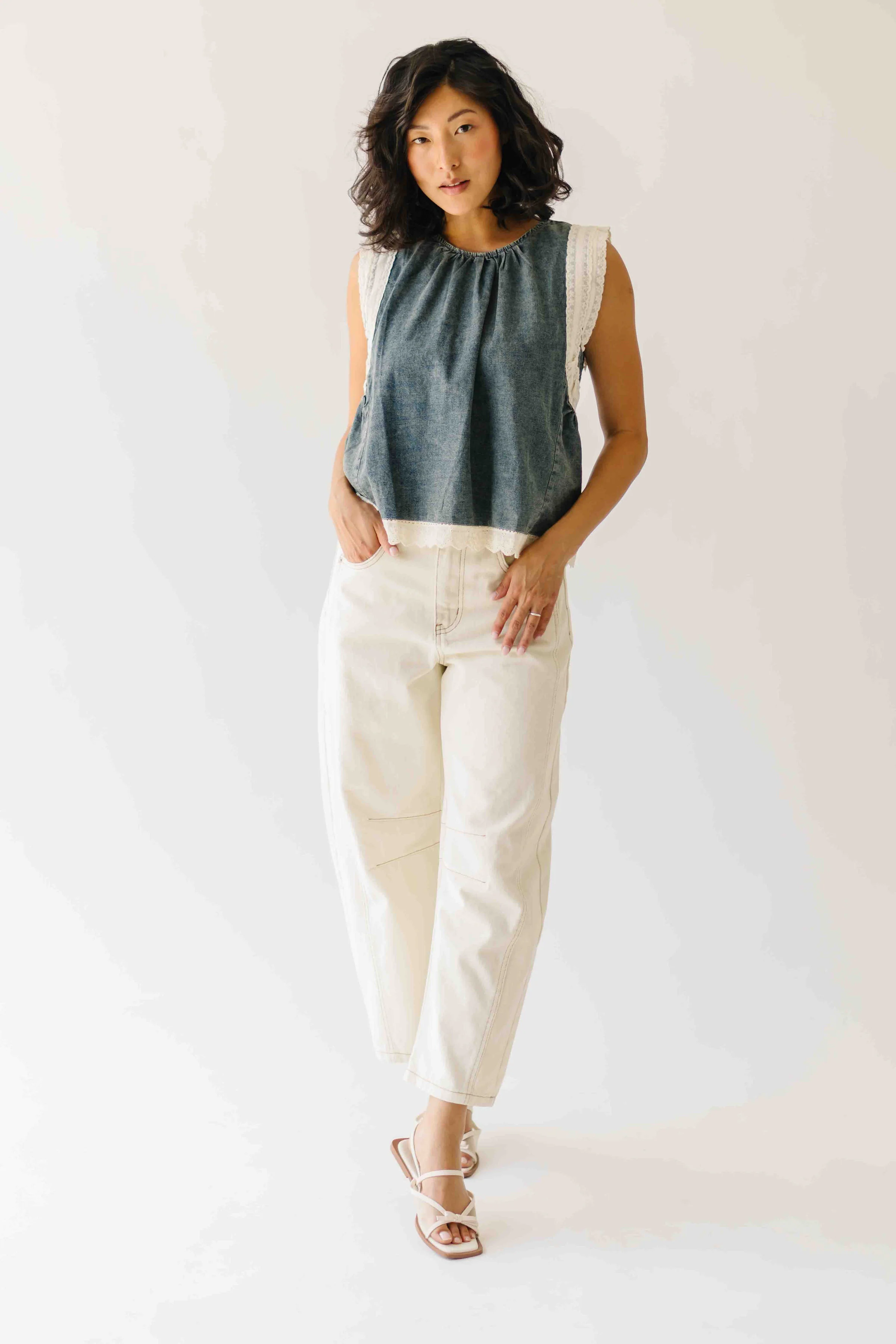 The Holsetin Lace Trim Blouse in Medium Denim - Image 8