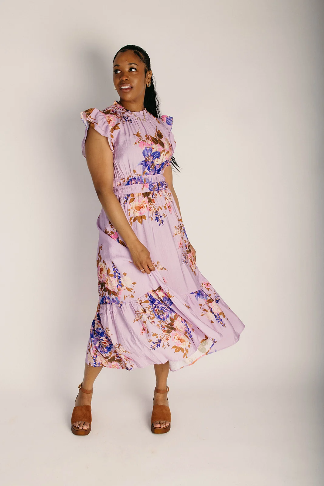 The Hunley Floral Flutter Sleeve Midi Dress in Lavender Multi - Image 5