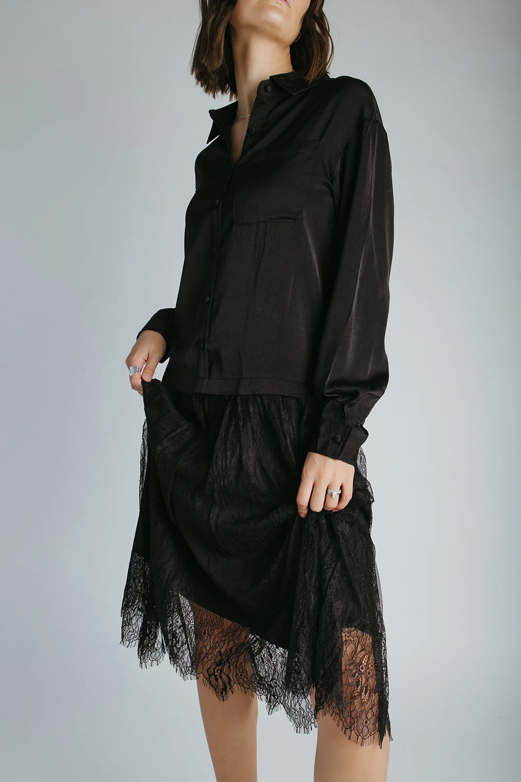 The Illiana Mixed Satin + Lace Midi Dress in Black - Image 4