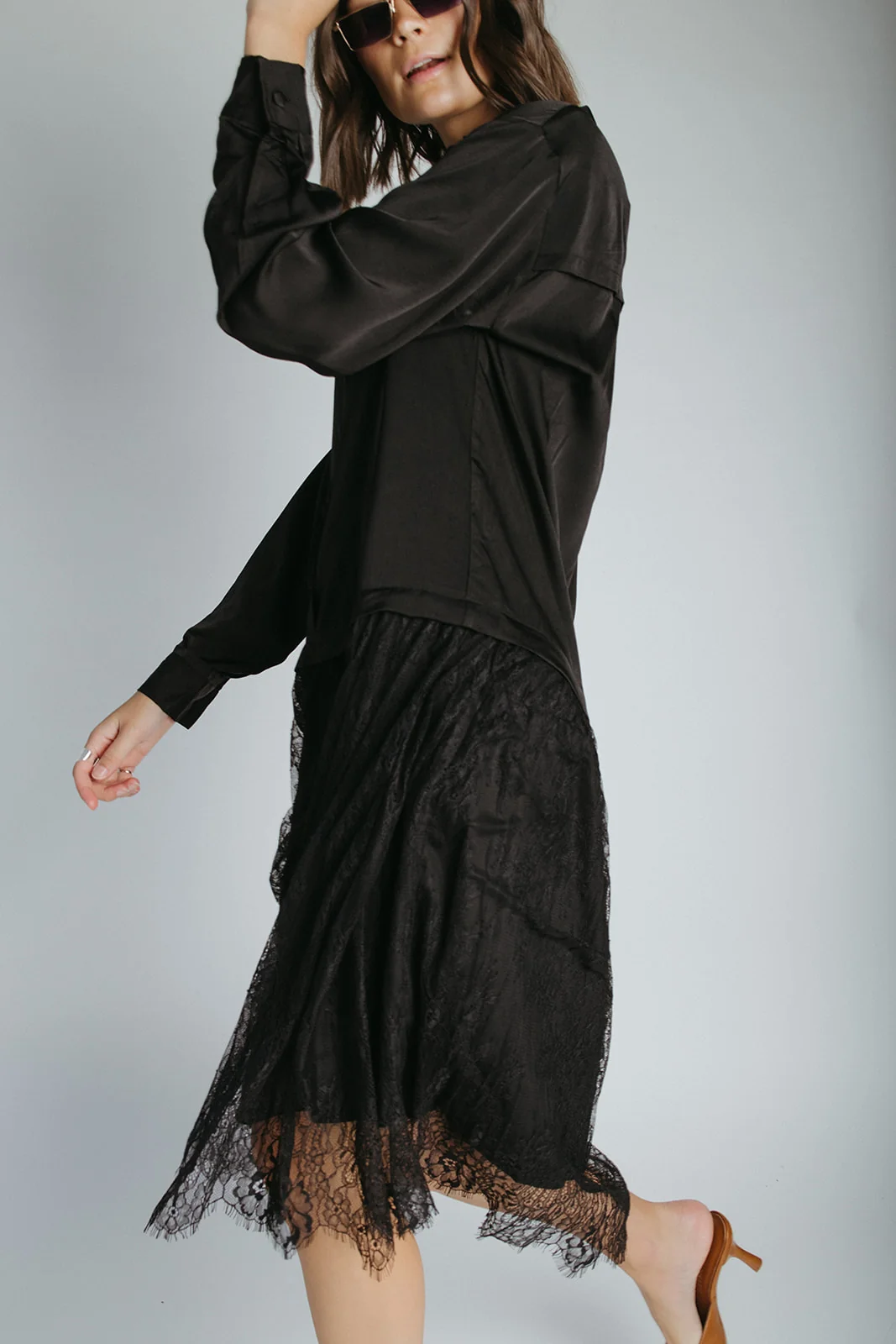 The Illiana Mixed Satin + Lace Midi Dress in Black - Image 5