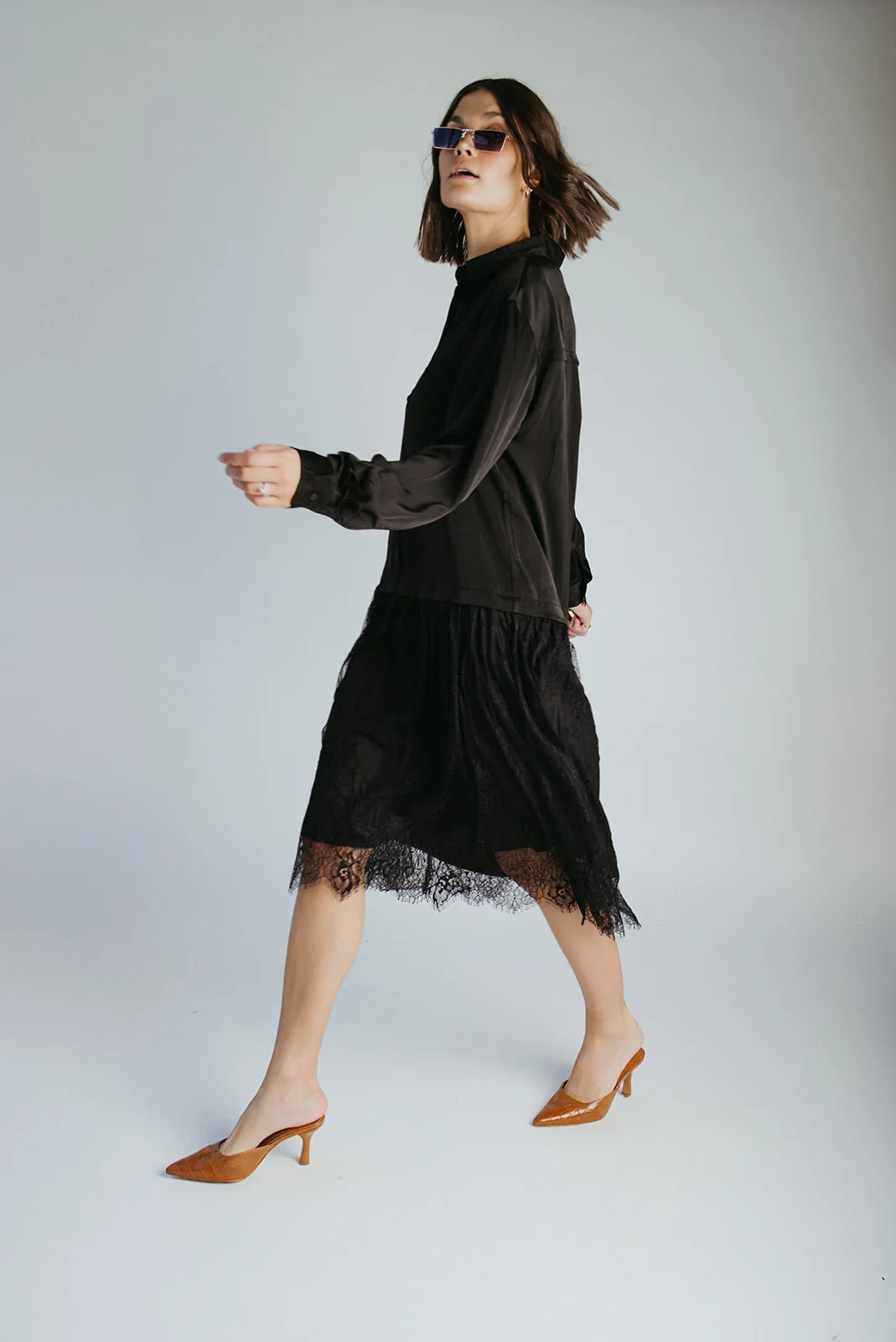 The Illiana Mixed Satin + Lace Midi Dress in Black - Image 7