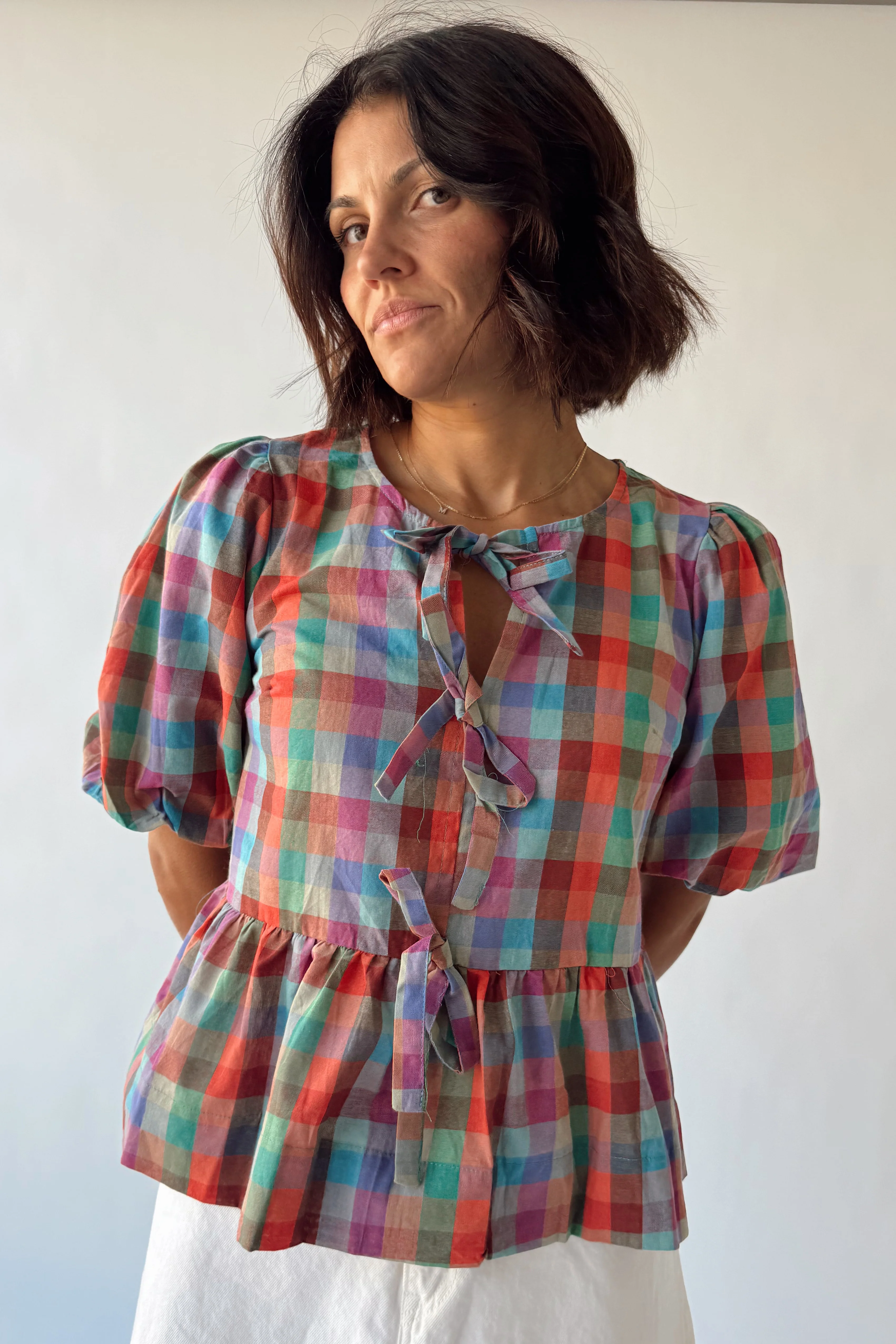The Jazlyn Tie-Front Plaid Blouse in Multi