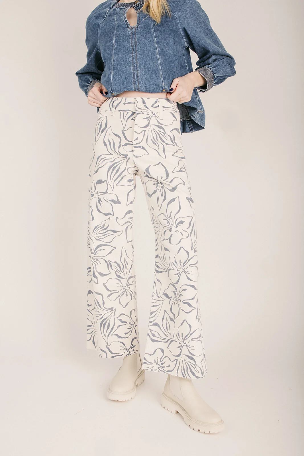 The Jenison Floral Wide Leg Pant in Denim Blue