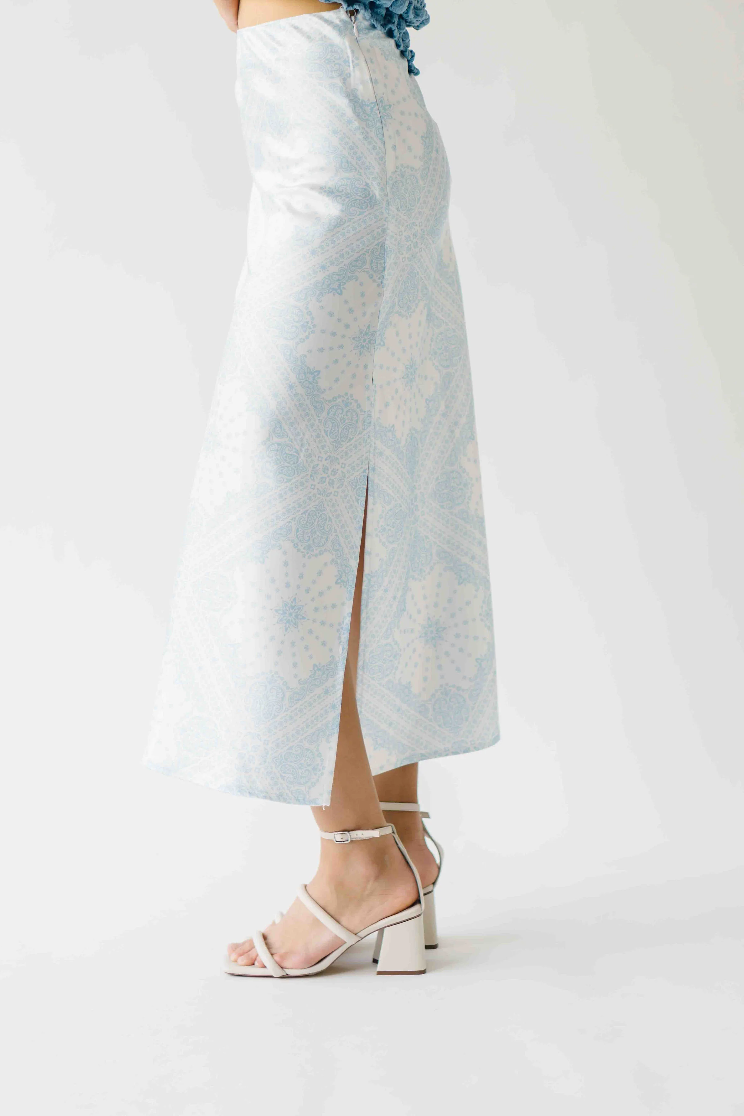 The Jennika Bandana Print Satin Skirt in Light Blue - Image 4