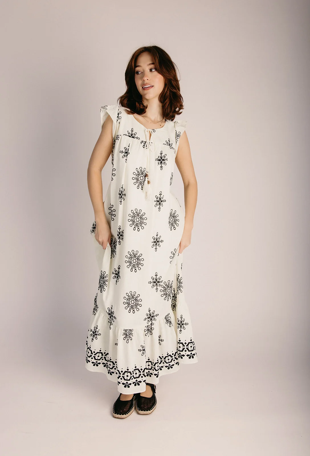 The Jerrick Patterned Midi Dress in Cream + Black - Image 7