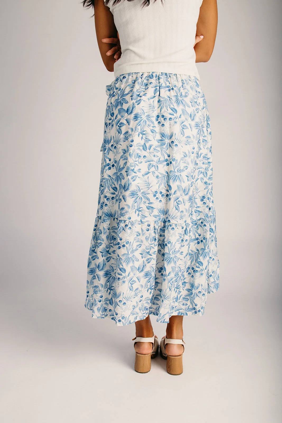The Jimmy Faux Wrap Floral Skirt in Ivory + Blue - Image 2