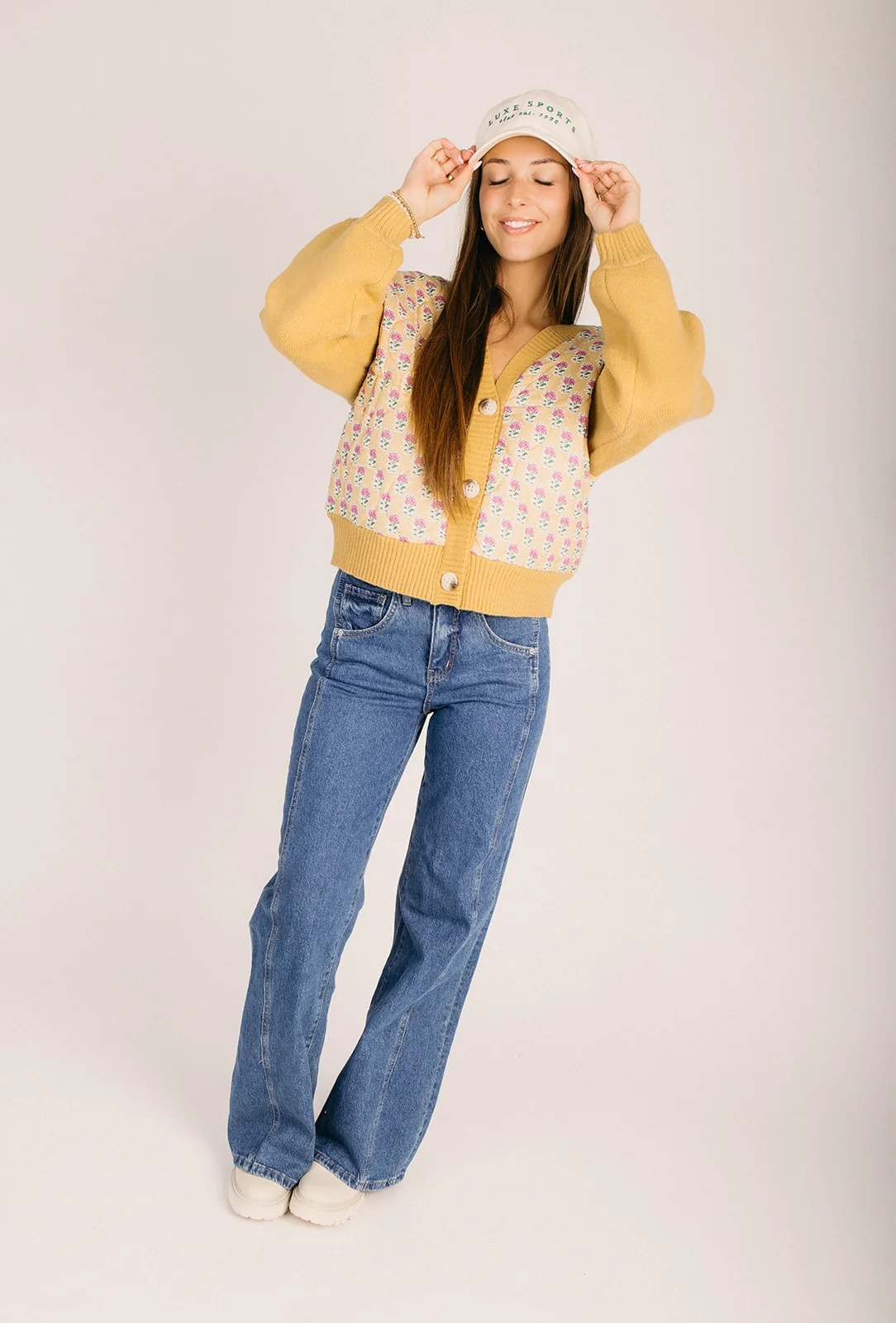 The Juneal Floral Button-Up Cardigan in Mustard + Pink - Image 3