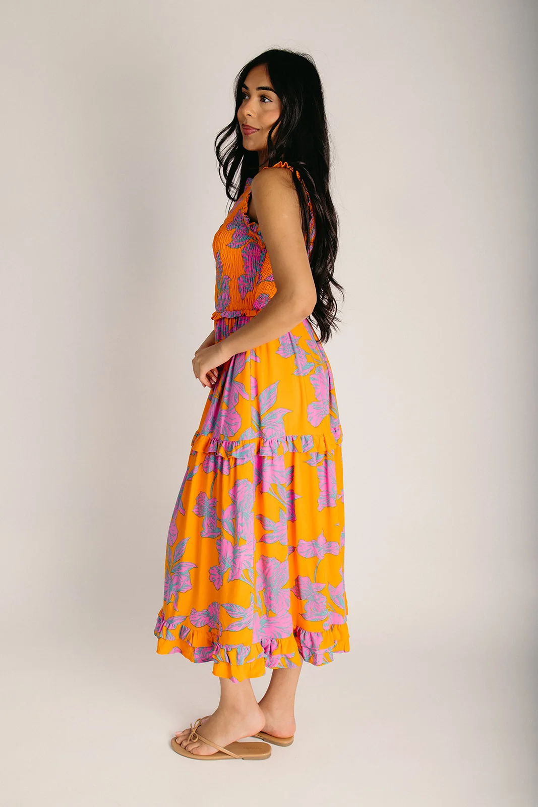 The Kathia Smocked Floral Midi Dress in Orange + Pink - Image 4