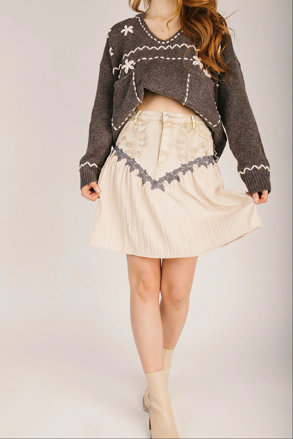 The Katz Stitch Pleated Denim Skirt in Sand